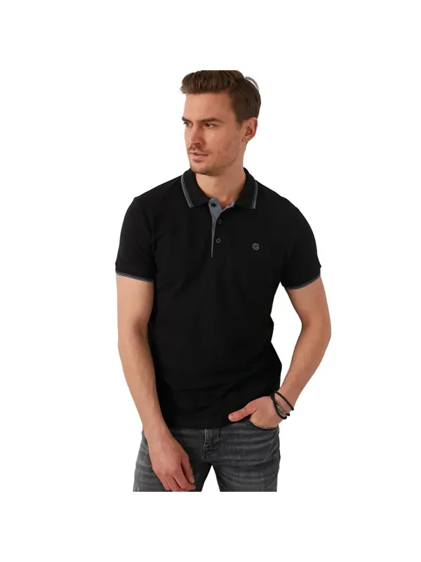 Siyah %100 Pamuk Düğmeli Slim Fit Polo Tişört 5902118-Siyah - 4