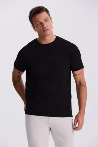 Siyah %100 Pamuk Slim Fit Bisiklet Yaka Basic T-Shirt - JAKAMEN (1)