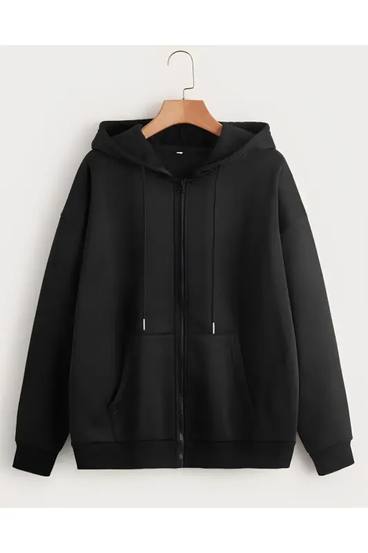 Siyah 2 İplik Mevsimlik Fermuarlı Kapüşonlu Unisex Polar Hırka Ceket - SİYAH - 5