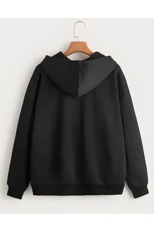 Siyah 2 İplik Mevsimlik Fermuarlı Kapüşonlu Unisex Polar Hırka Ceket - SİYAH - 6
