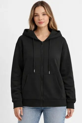 Siyah 2 İplik Mevsimlik Fermuarlı Kapüşonlu Unisex Polar Hırka Ceket - SİYAH - 1