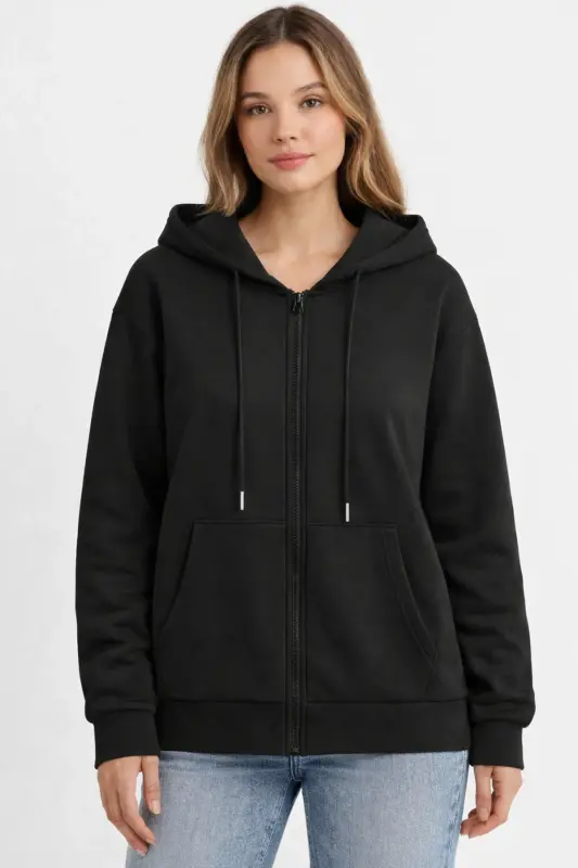 Siyah 2 İplik Mevsimlik Fermuarlı Kapüşonlu Unisex Polar Hırka Ceket - SİYAH - 1
