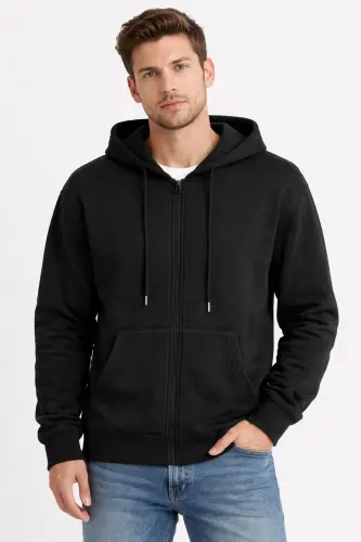 Siyah 2 İplik Mevsimlik Fermuarlı Kapüşonlu Unisex Polar Hırka Ceket - SİYAH - JOOY COMPANY (1)