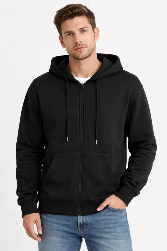 Siyah 2 İplik Mevsimlik Fermuarlı Kapüşonlu Unisex Polar Hırka Ceket - SİYAH - 2