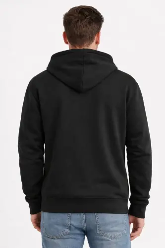 Siyah 2 İplik Mevsimlik Fermuarlı Kapüşonlu Unisex Polar Hırka Ceket - SİYAH - 4
