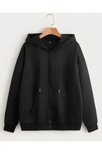 Siyah 2 İplik Mevsimlik Fermuarlı Kapüşonlu Unisex Polar Hırka Ceket - SİYAH - 5