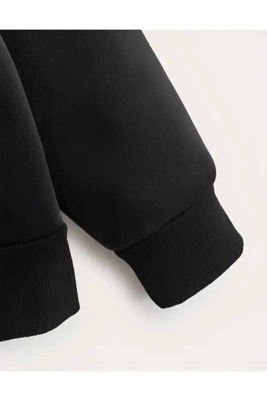 Siyah 2 İplik Mevsimlik Fermuarlı Kapüşonlu Unisex Polar Hırka Ceket - SİYAH - 7