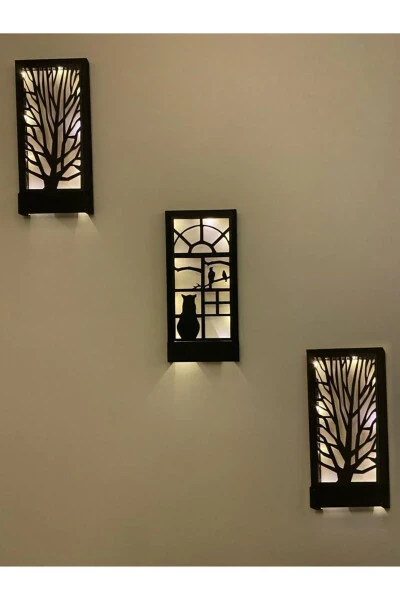 Siyah 3 Lü Set Pillerhariç Peri Ledli Ahşap Işıklı Tablo Ev Hediyesi Hol Antre Gece Lamba Duvar Süsü-SİYAH - MSAĞWOODS