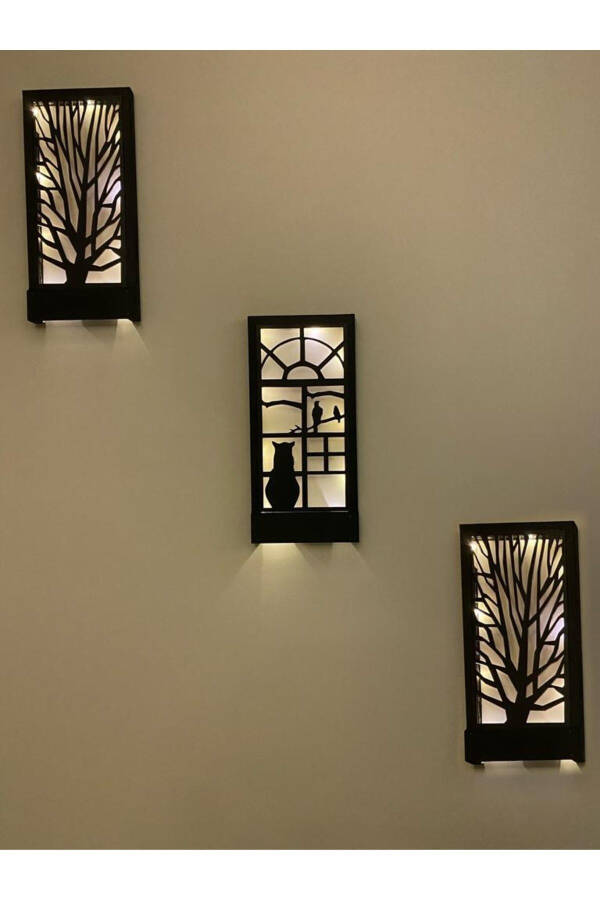 Siyah 3 Lü Set Pillerhariç Peri Ledli Ahşap Işıklı Tablo Ev Hediyesi Hol Antre Gece Lamba Duvar Süsü-SİYAH - 1