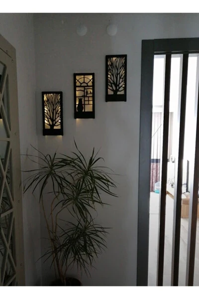 Siyah 3 Lü Set Pillerhariç Peri Ledli Ahşap Işıklı Tablo Ev Hediyesi Hol Antre Gece Lamba Duvar Süsü-SİYAH - MSAĞWOODS (1)
