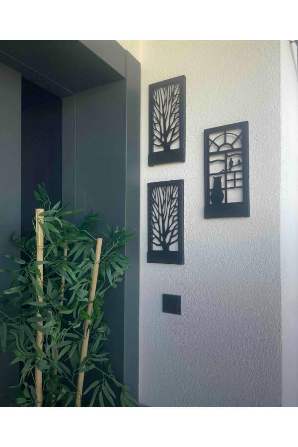 Siyah 3 Lü Set Pillerhariç Peri Ledli Ahşap Işıklı Tablo Ev Hediyesi Hol Antre Gece Lamba Duvar Süsü-SİYAH - 4