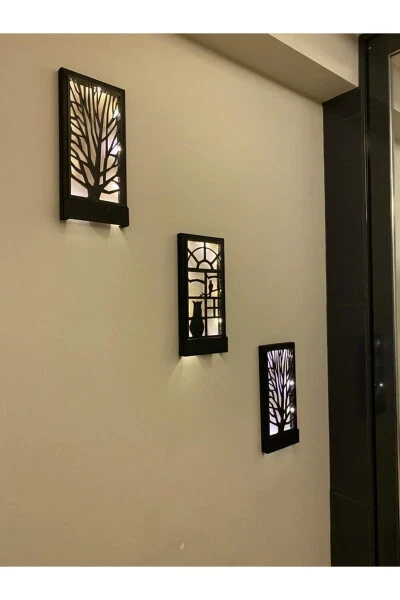Siyah 3 Lü Set Pillerhariç Peri Ledli Ahşap Işıklı Tablo Ev Hediyesi Hol Antre Gece Lamba Duvar Süsü-SİYAH - 5