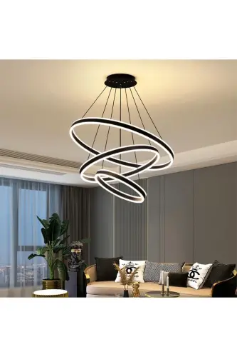 Siyah 3xçember Ø60,80,100cm Led Lamba,yuvarlak Sarkıt Avize,modern Aydınlatma,dekoratif 3000k-SİYAH - 1