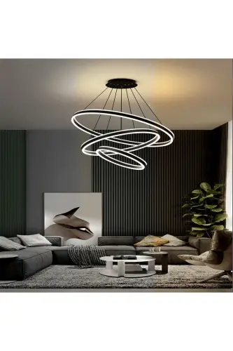 Siyah 3xçember Ø60,80,100cm Led Lamba,yuvarlak Sarkıt Avize,modern Aydınlatma,dekoratif 3000k-SİYAH - CATLUZ (1)