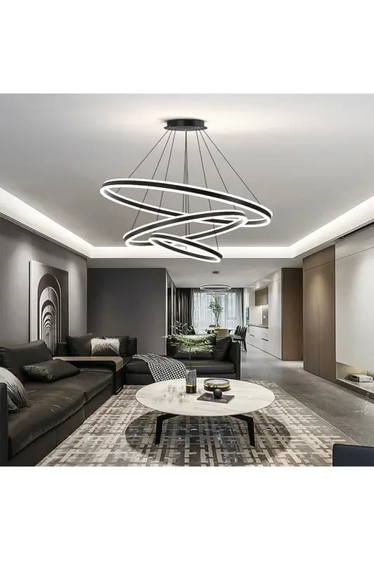 Siyah 3xçember Ø60,80,100cm Led Lamba,yuvarlak Sarkıt Avize,modern Aydınlatma,dekoratif 3000k-SİYAH - 5