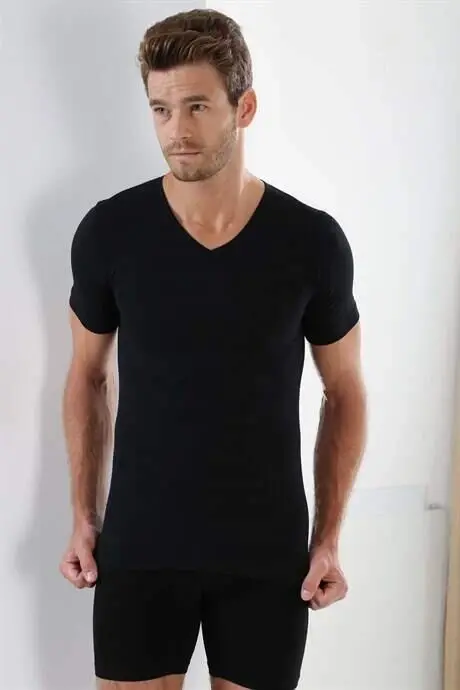 Siyah 3'lü Paket Erkek V Yaka T-Shirt Kısa Kollu %100 Pamuk - 4
