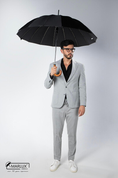 Siyah Ahşap Saplı 16 Çelik Telli Ultra Premium Lüks Erkek Baston Şemsiye M21marmpr1025r001-Siyah - 2