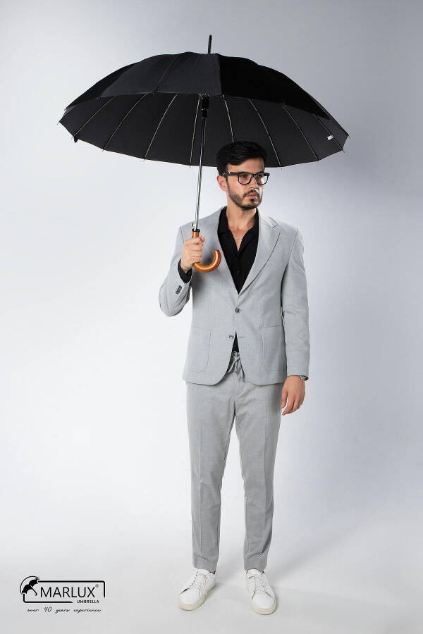 Siyah Ahşap Saplı 16 Çelik Telli Ultra Premium Lüks Erkek Baston Şemsiye M21marmpr1025r001-Siyah - 2