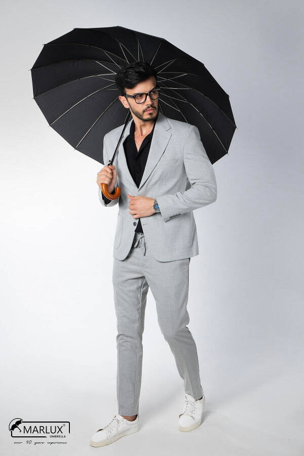 Siyah Ahşap Saplı 16 Çelik Telli Ultra Premium Lüks Erkek Baston Şemsiye M21marmpr1025r001-Siyah - 4