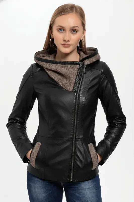 Siyah Antonia Triko Kapüşonlu Kadın Hakiki Deri Mont-SIYAH - 1