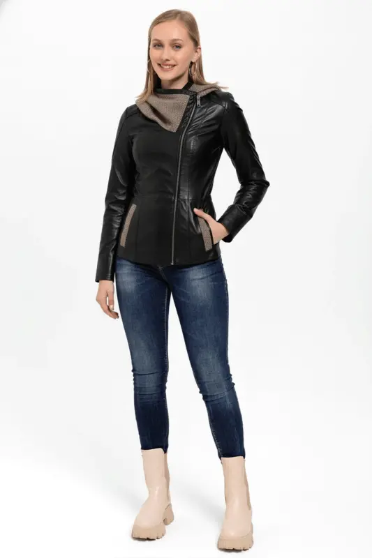 Siyah Antonia Triko Kapüşonlu Kadın Hakiki Deri Mont-SIYAH - 4