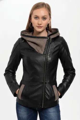 Siyah Antonia Triko Kapüşonlu Kadın Hakiki Deri Mont-SIYAH 