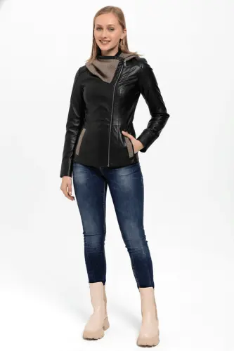 Siyah Antonia Triko Kapüşonlu Kadın Hakiki Deri Mont-SIYAH - 4