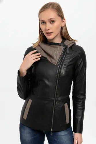 Siyah Antonia Triko Kapüşonlu Kadın Hakiki Deri Mont-SIYAH - DERIDERIM (1)