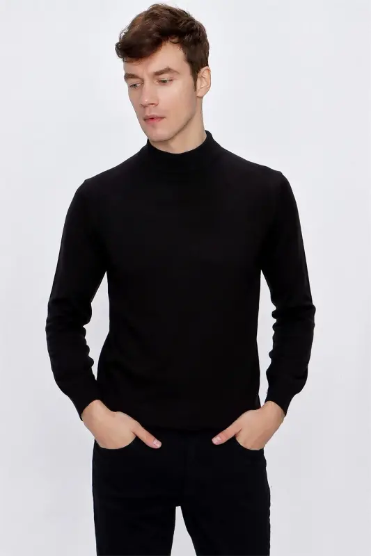 Siyah Basic Dinamik Fit Rahat Kesim Yarım Balıkçı Yaka Triko Kazak - 2