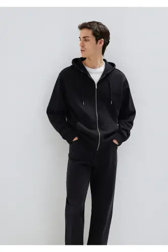 Kapüşonlu Fermuarlı Siyah Basic Sweatshirt 0S10277-900 - Siyah-900 