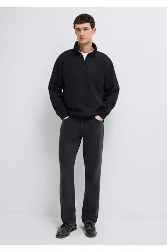 Yarı Fermuarlı Siyah Basic Sweatshirt 0S10278-900 - Siyah-900 