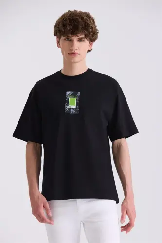 Siyah Baskılı Bisiklet Yaka T-Shirt - 1