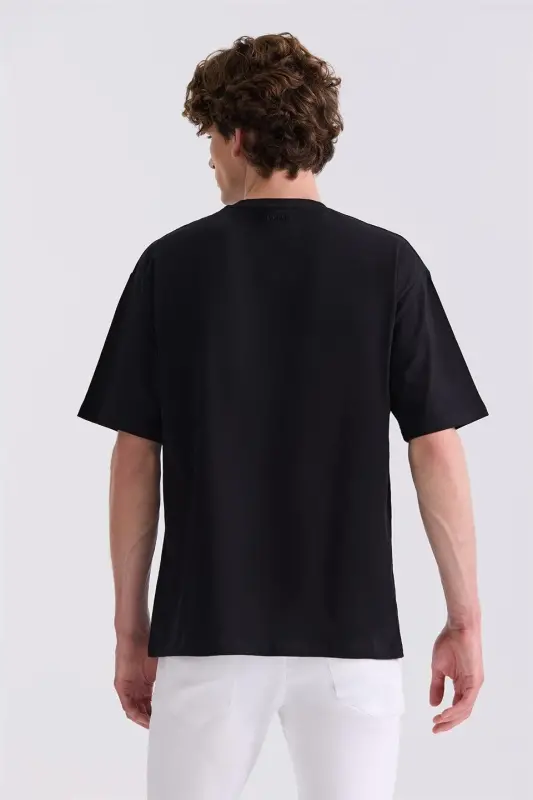 Siyah Baskılı Bisiklet Yaka T-Shirt - 4