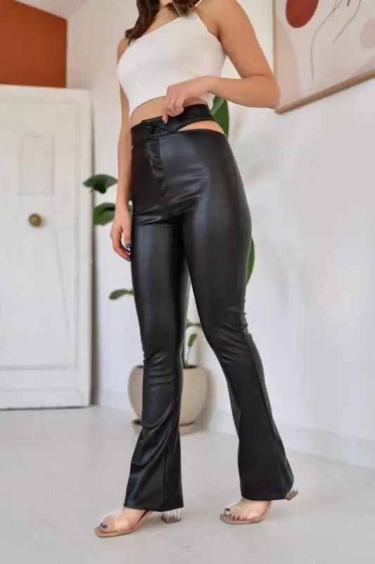Siyah Bel Detaylı Deri Pantolon - 5