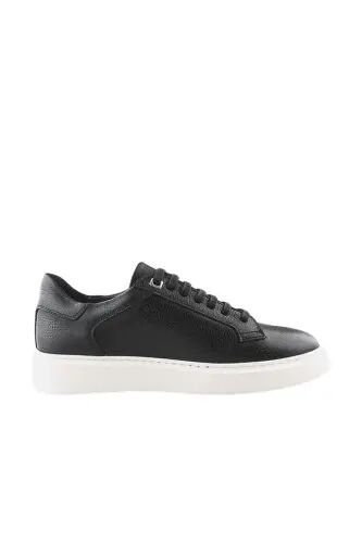 Siyah Beyaz %100 Deri Bağcıklı Günlük Sneaker Ayakkabı 