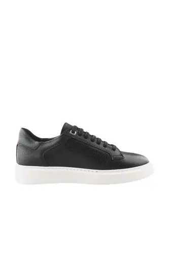 Siyah Beyaz %100 Deri Bağcıklı Günlük Sneaker Ayakkabı - 1