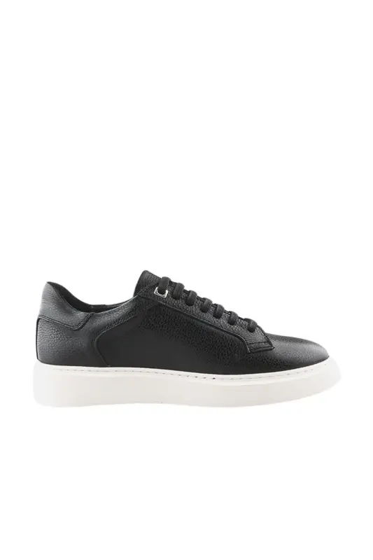 Siyah Beyaz %100 Deri Bağcıklı Günlük Sneaker Ayakkabı - 1
