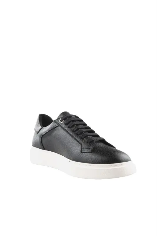 Siyah Beyaz %100 Deri Bağcıklı Günlük Sneaker Ayakkabı - 3