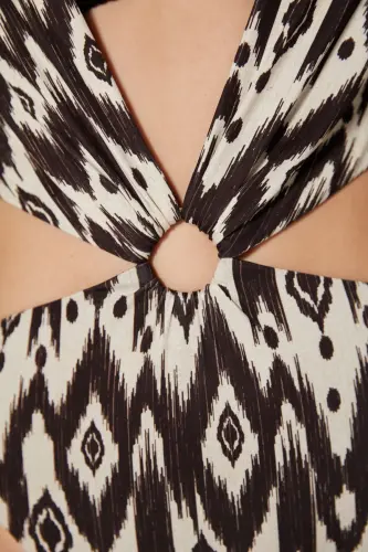 Siyah Beyaz Boyundan Bağlamalı Olivia Monokini Mayokini-Özgür Masur Koleksiyonu - 5