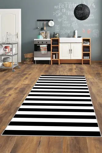 Siyah Beyaz Çizgili Yıkanabilir Kaymaz Taban Leke Tutmaz Modern Salon Halısı Ve Yolluk - Siyah-Beyaz - 1