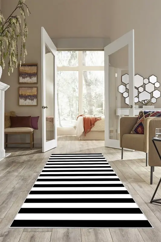Siyah Beyaz Çizgili Yıkanabilir Kaymaz Taban Leke Tutmaz Modern Salon Halısı Ve Yolluk - Siyah-Beyaz - 3
