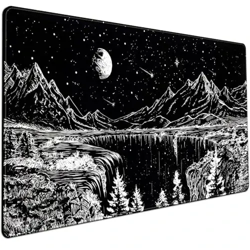 Black and White Desk Mat Dark Nature Forest Mouse pad XXL Starry Night Mountain Desk pad Aesthetic Moon and Stars Mousepad XXL for Laptop Computer Mouse Gaming Keyboard Mat, 31.5 X 15.8 in - 1