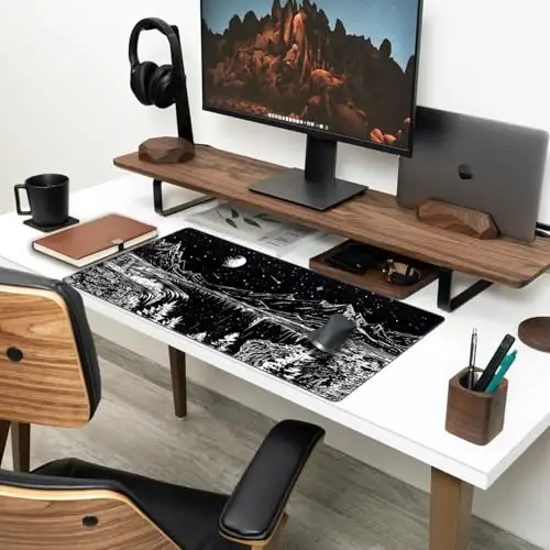 Black and White Desk Mat Dark Nature Forest Mouse pad XXL Starry Night Mountain Desk pad Aesthetic Moon and Stars Mousepad XXL for Laptop Computer Mouse Gaming Keyboard Mat, 31.5 X 15.8 in - 3