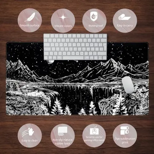 Black and White Desk Mat Dark Nature Forest Mouse pad XXL Starry Night Mountain Desk pad Aesthetic Moon and Stars Mousepad XXL for Laptop Computer Mouse Gaming Keyboard Mat, 31.5 X 15.8 in - 6