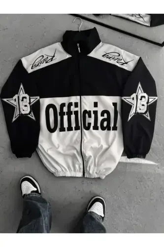 Siyah Beyaz Official Unisex Paraşüt Kumaş Oversize Baskılı Siyah Rüzgarlık Yağmurluk İnce Ceket-Officialsiyahbeyaz - 1