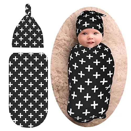 Black And White Newborn Swaddle Blanket With Hat Set Baby Stuff Receiving Blankets Soft Transition Sleep Sacks Gifts For Infant Boys Girls - 1