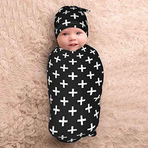 Black And White Newborn Swaddle Blanket With Hat Set Baby Stuff Receiving Blankets Soft Transition Sleep Sacks Gifts For Infant Boys Girls - 5