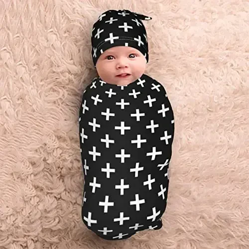 Black And White Newborn Swaddle Blanket With Hat Set Baby Stuff Receiving Blankets Soft Transition Sleep Sacks Gifts For Infant Boys Girls - 5