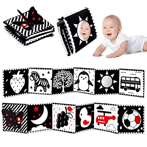 Black and White High Contrast Toys for Baby 0-3 3-6 months Infant Tummy Time Soft Crinkle Book Mirror Sensory Toys 0 2 4 5 6 Month Old Babies Boy Gril Newborn Development Christmas Stocking Stuffer - BLACK