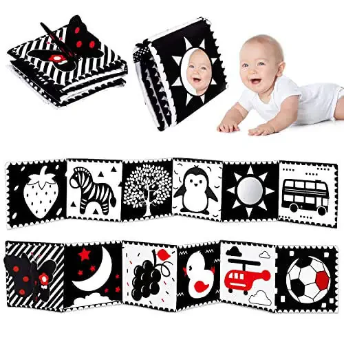 Black and White High Contrast Toys for Baby 0-3 3-6 months Infant Tummy Time Soft Crinkle Book Mirror Sensory Toys 0 2 4 5 6 Month Old Babies Boy Gril Newborn Development Christmas Stocking Stuffer - 1